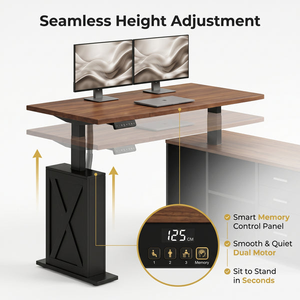 Premium 55" Two-Tone Farmhouse L-Shaped Standing Desk with Lift Mechanism & Storage