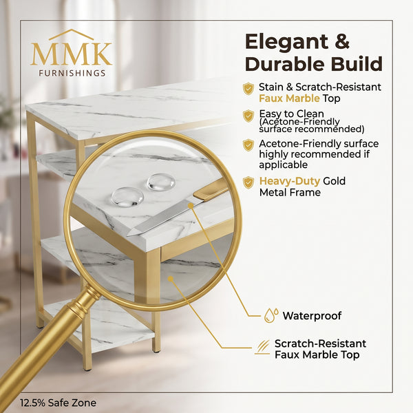 Premium Luxury White Marble & Gold Manicure Table Desk