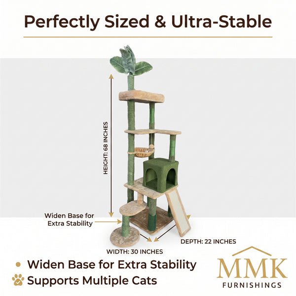 Premium Multi-Level Tropical Palm Tree Cat Tower with Teddy Fleece Condo