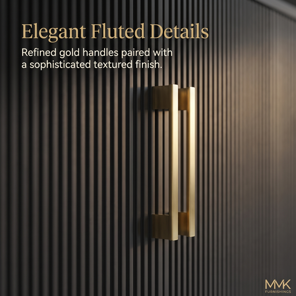 MMK FURNISHINGS Modern Fluted TV Stand with Gold Handles, Black Ribbed Wood Media Console & Entertainment Center