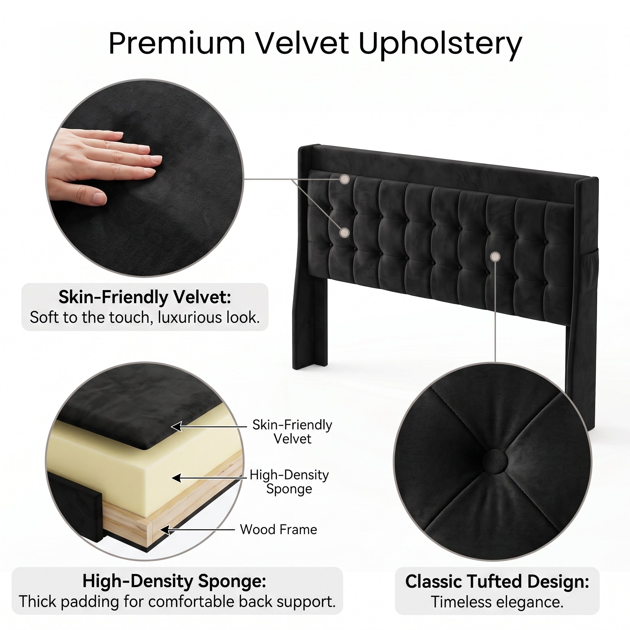 MMK FURNISHINGS Modern Black Velvet Upholstered Bed Frame with Storage Drawers & Tufted Headboard