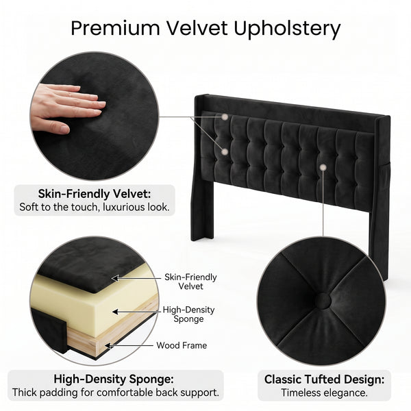 MMK FURNISHINGS Modern Black Velvet Upholstered Bed Frame with Storage Drawers & Tufted Headboard