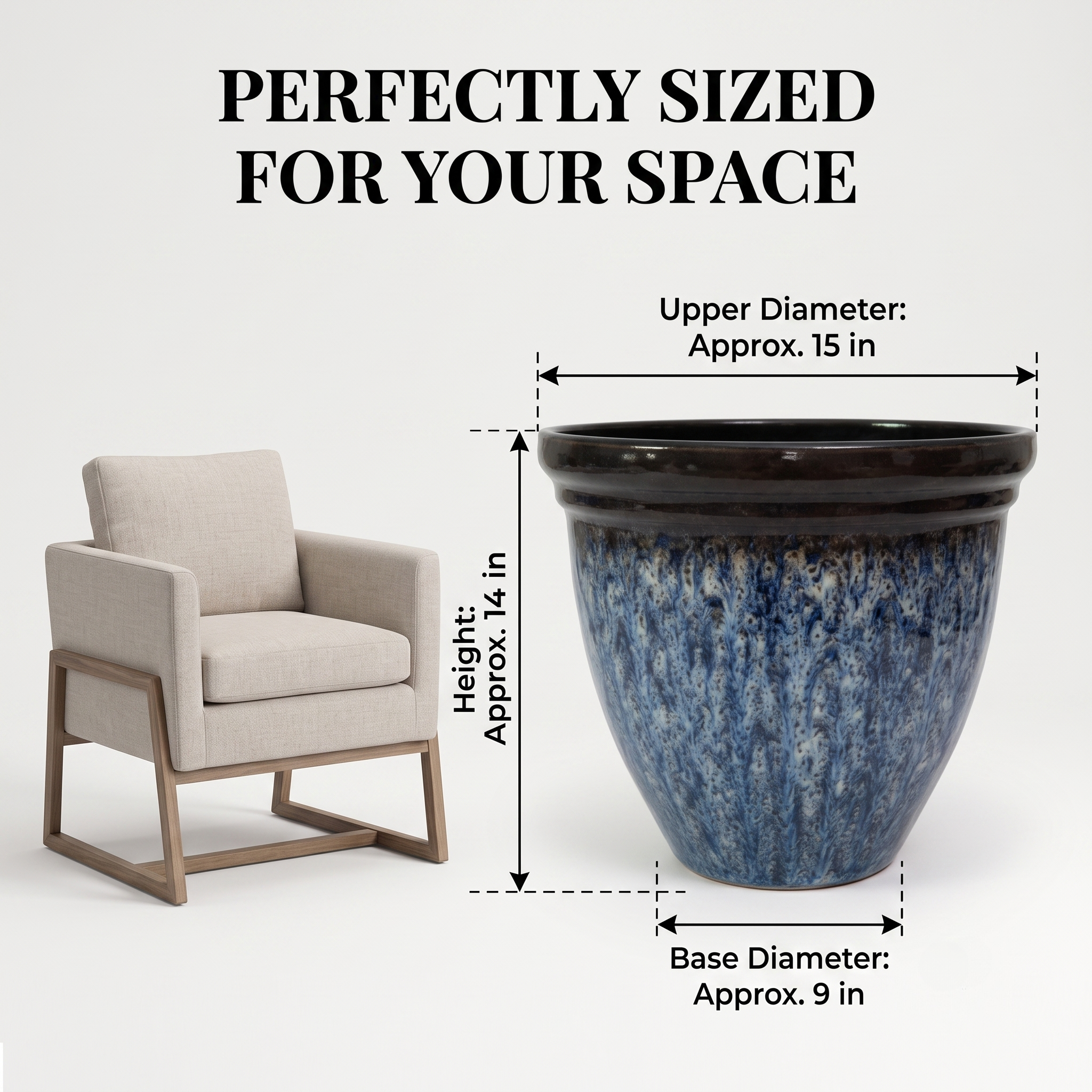 Premium 15.7" Round Plastic Planter – Blue Glaze Faux Ceramic Finish
