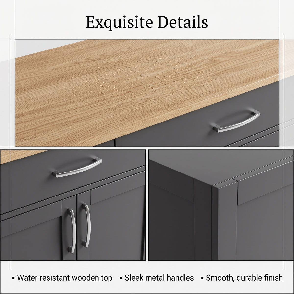 MMK FURNISHINGS Modern Grey Wooden Sideboard & Storage Cabinet with Natural Wood Top