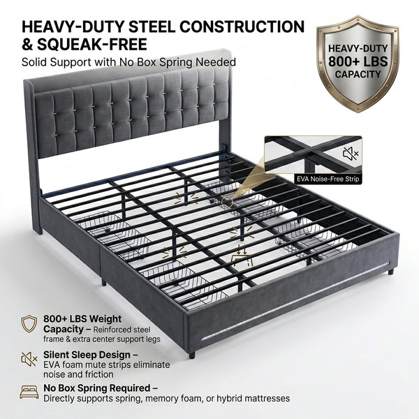 MMK FURNISHINGS Modern Velvet Upholstered Platform Bed Frame with Smart RGB LED Lights & 4 Storage Drawers, Heavy-Duty Steel Slat Support, No Box Spring Needed