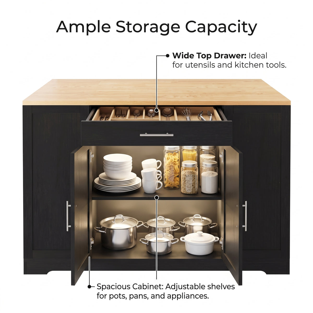 Black Sideboard Buffet Cabinet with Natural Wood-Grain Top and Silver Handles