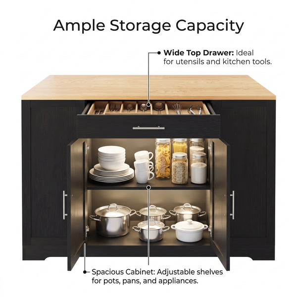 Black Sideboard Buffet Cabinet with Natural Wood-Grain Top and Silver Handles