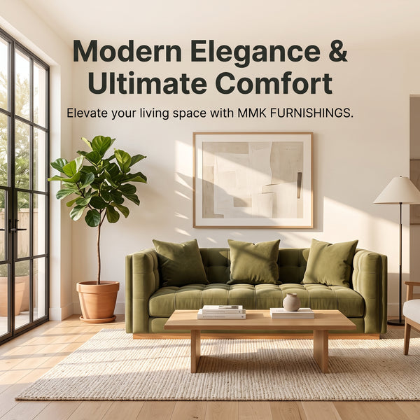 Modern Olive Green Tufted Fabric Sofa with Solid Wood Base