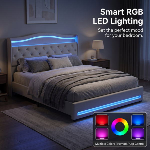 MMK FURNISHINGS Modern Upholstered Velvet Platform Bed Frame with LED Lights & Button-Tufted Headboard