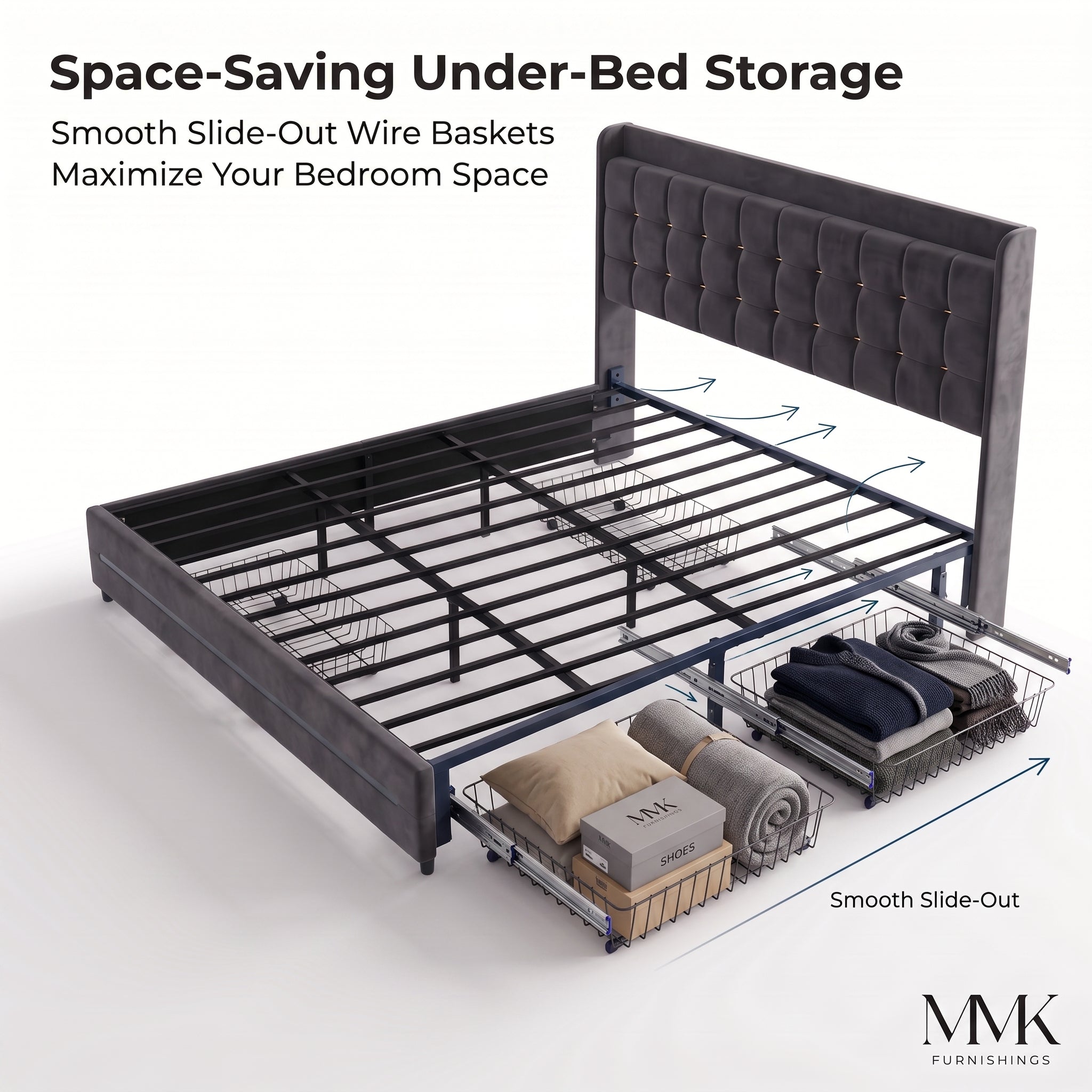 MMK FURNISHINGS Modern Velvet Upholstered Platform Bed Frame with Storage Baskets, Button Tufted Headboard (No Box Spring Needed)