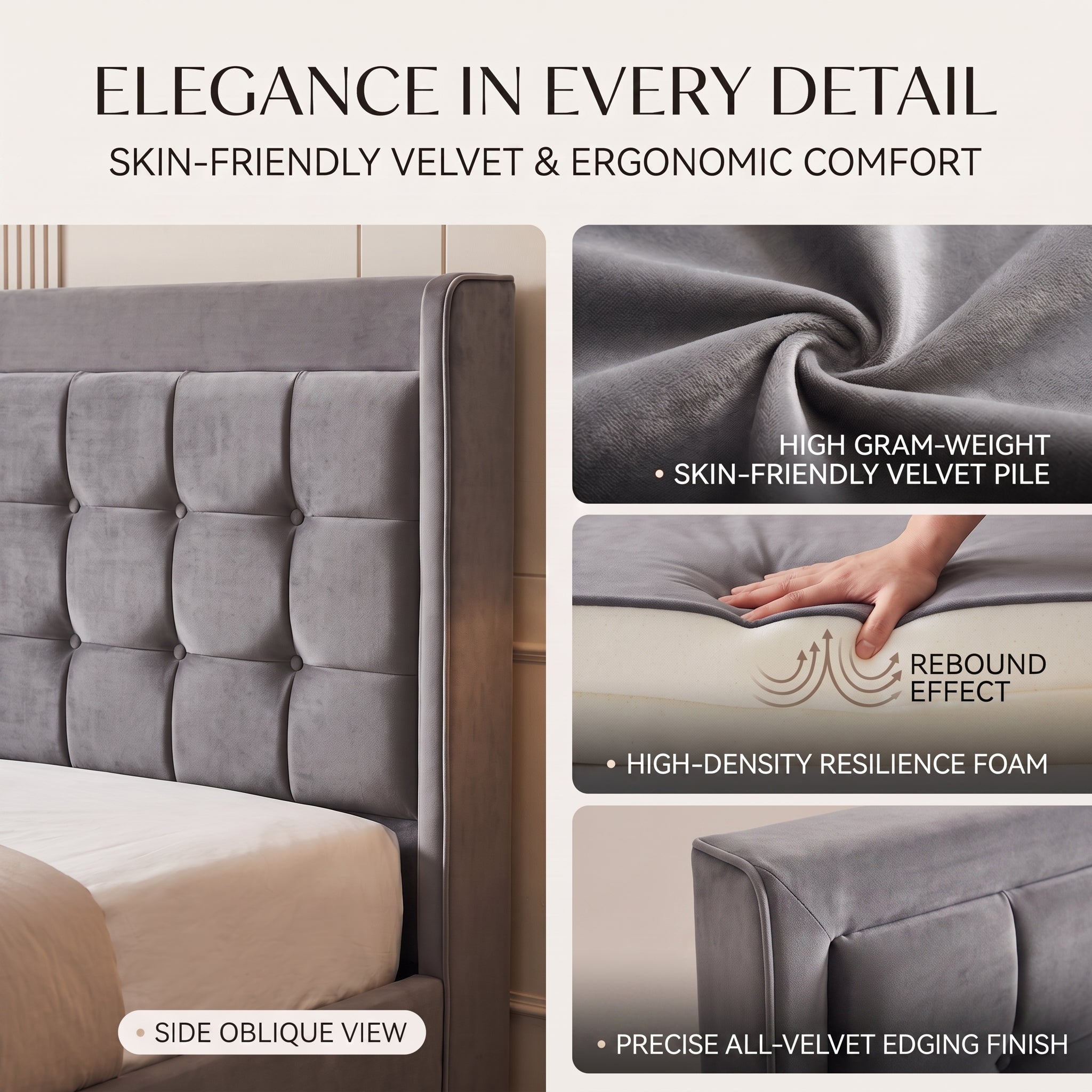 MMK Furnishings Grey Velvet Upholstered Bed Frame with Storage Drawers & Tufted Headboard – [Queen/Full/King] Size, Slat Support