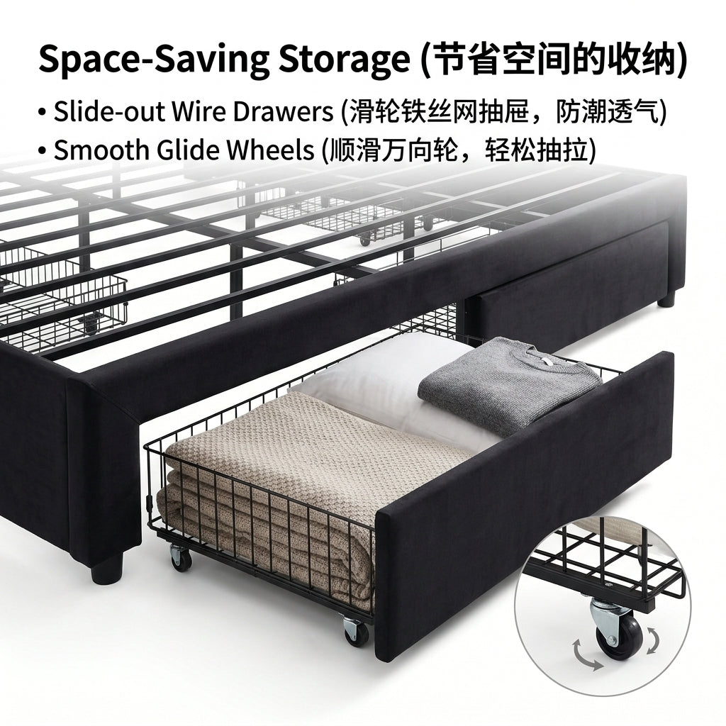Premium Black Velvet Upholstered Platform Bed Frame with 4 Storage Drawers & Tufted Headboard