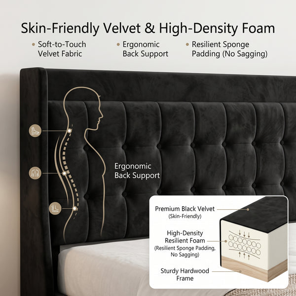 Modern Black Velvet Upholstered Platform Bed Frame with Tufted Headboard & Storage Drawers