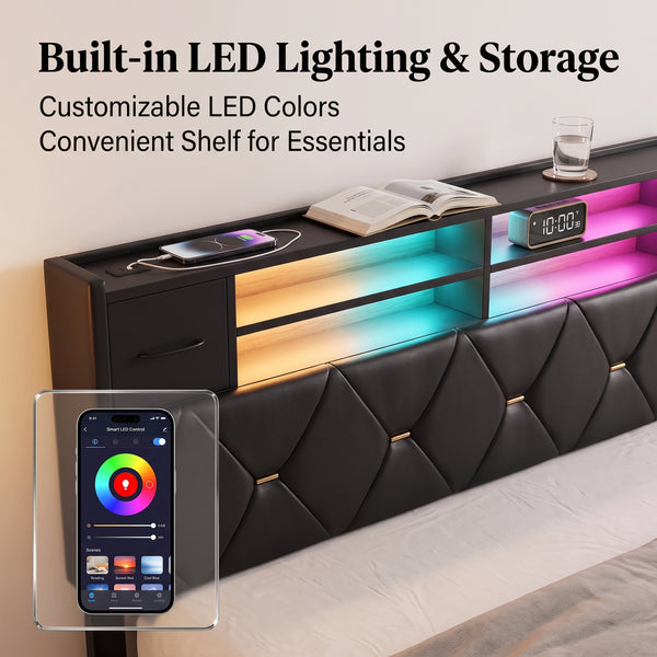 MMK FURNISHINGS Modern Upholstered Platform Bed Frame with LED Lights & Storage Drawers, Faux Leather Tufted Headboard, No Box Spring Needed, Black
