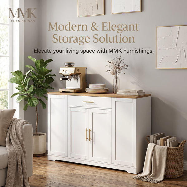 MMK Furnishings Modern Farmhouse White Sideboard Buffet Cabinet with Wood Grain Top & Gold Handles