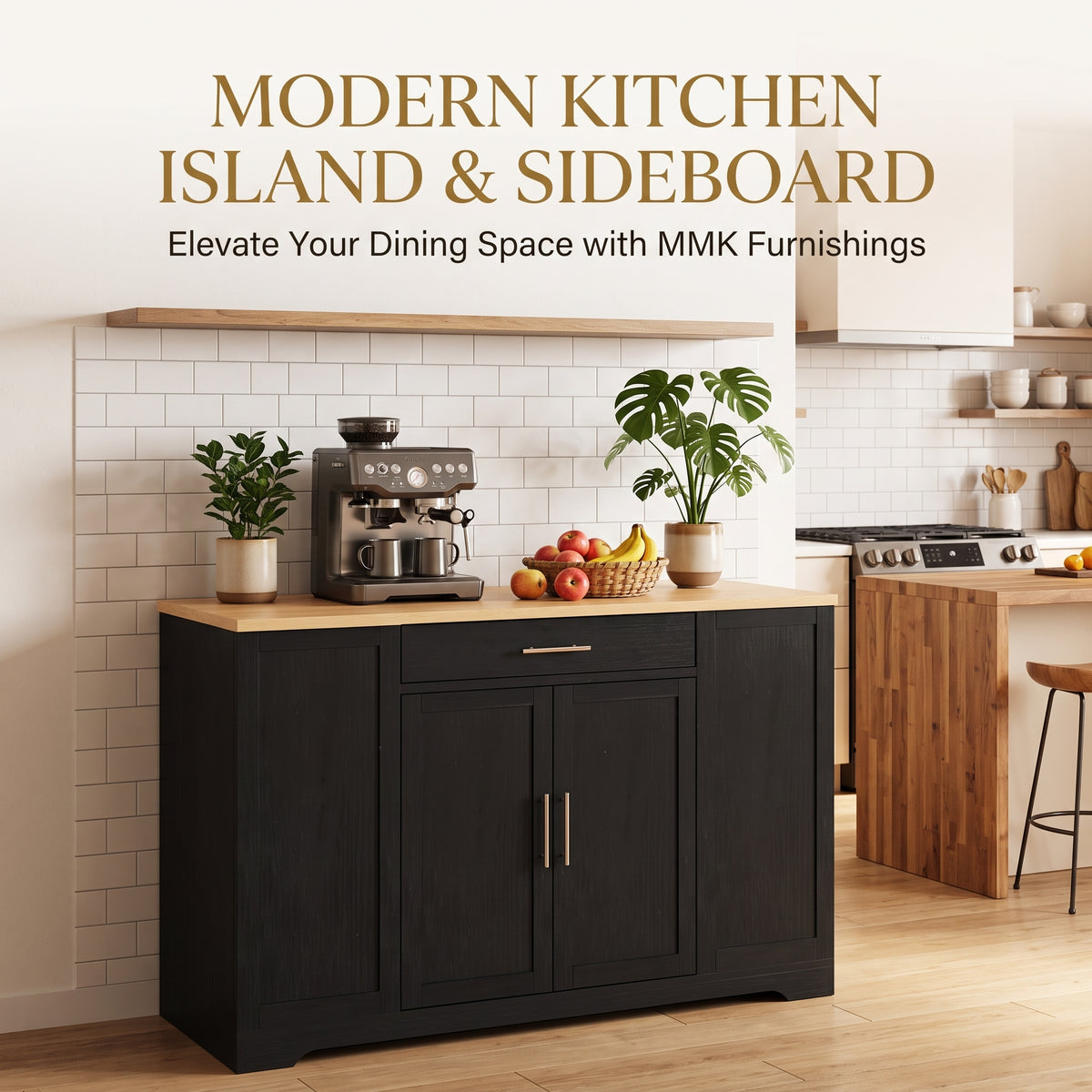 MMK FURNISHINGS Modern Kitchen Island & Dining Room Sideboard with Natural Wood Top