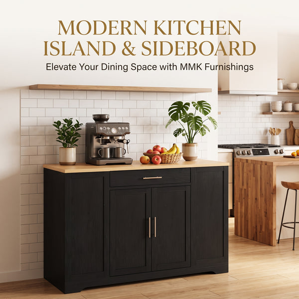 MMK FURNISHINGS Modern Kitchen Island & Dining Room Sideboard with Natural Wood Top