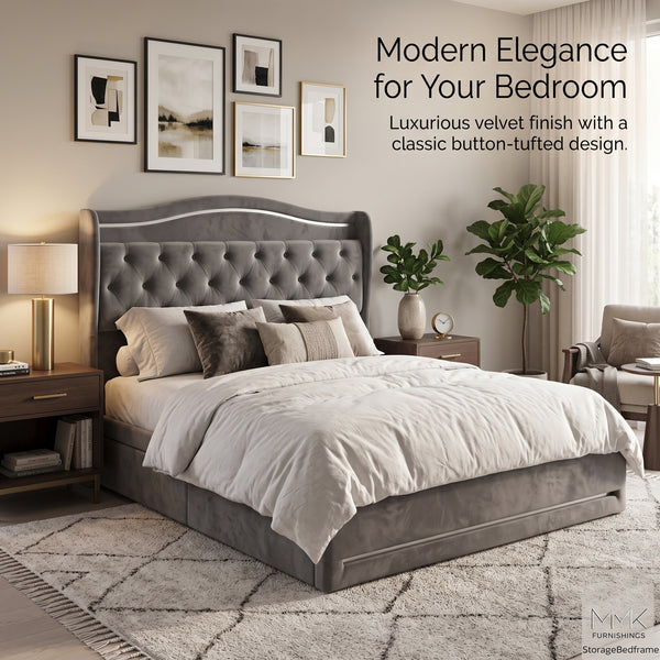 Luxury Tufted Velvet Upholstered Platform Bed Frame with Storage Drawer - Grey