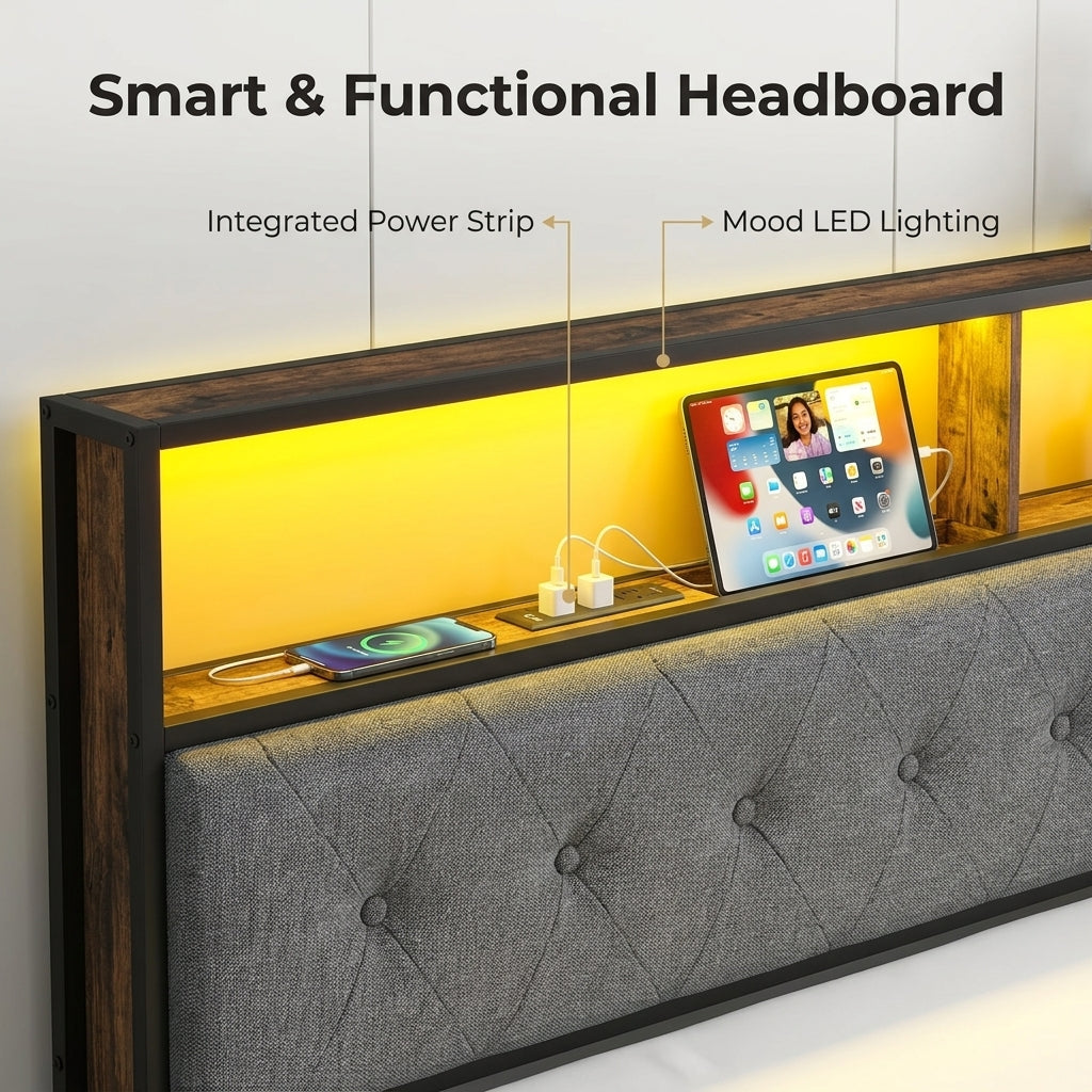 Full Size Upholstered Platform Bed Frame with LED Lights, Storage Headboard & Charging Station