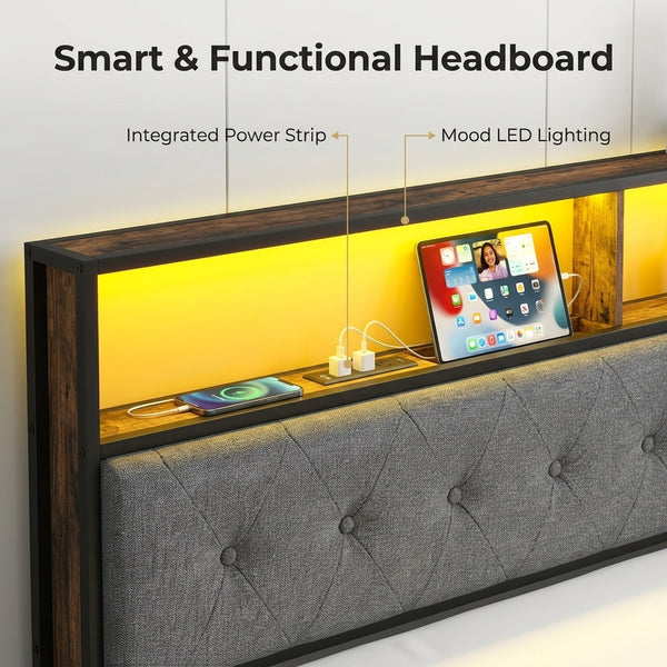 Full Size Upholstered Platform Bed Frame with LED Lights, Storage Headboard & Charging Station