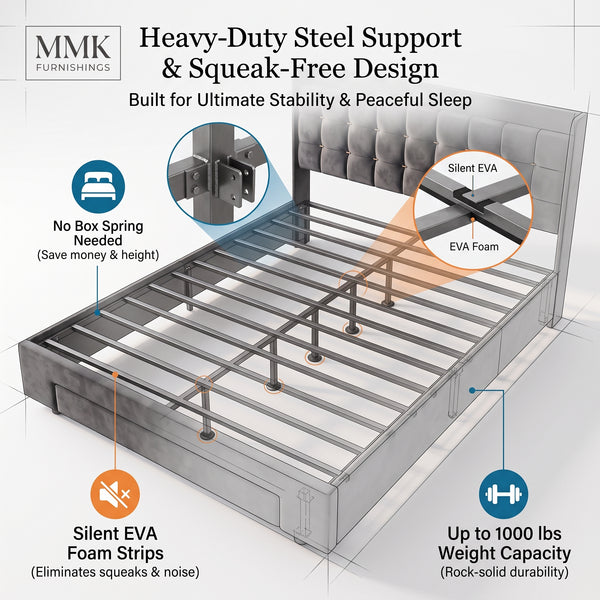MMK FURNISHINGS Queen Velvet Platform Bed Frame – 4 Under-Bed Drawers