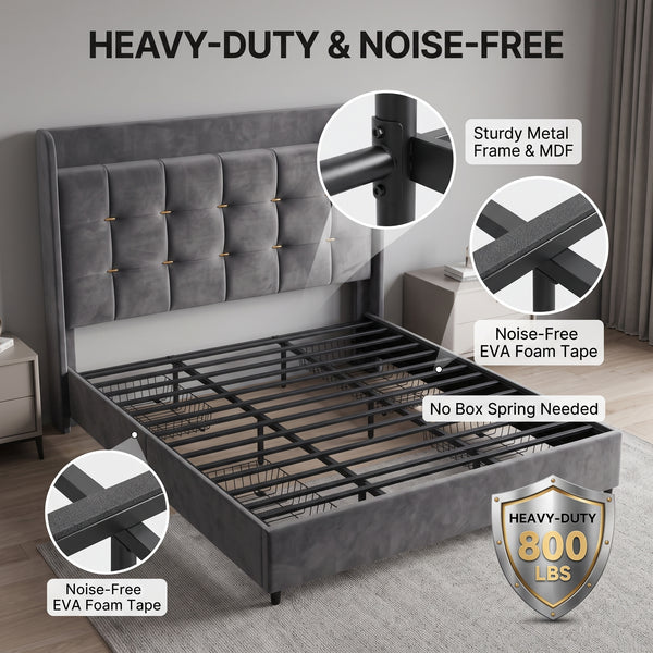MMK Modern Velvet Bed Frame with LED & Storage