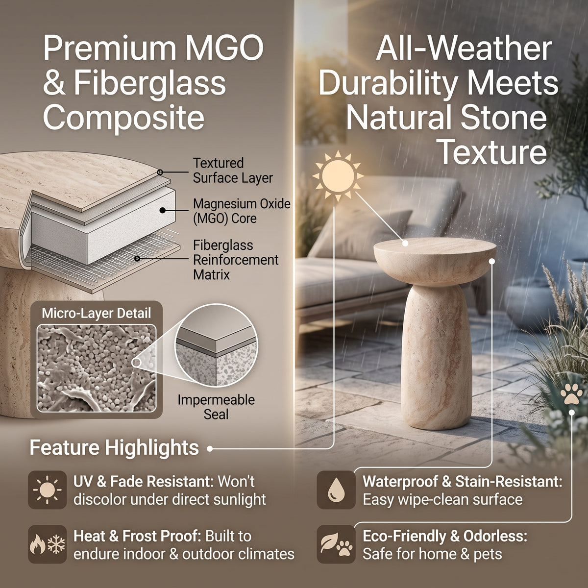 MMK FURNISHINGS 27" Modern Travertine End Table for Indoor & Outdoor
