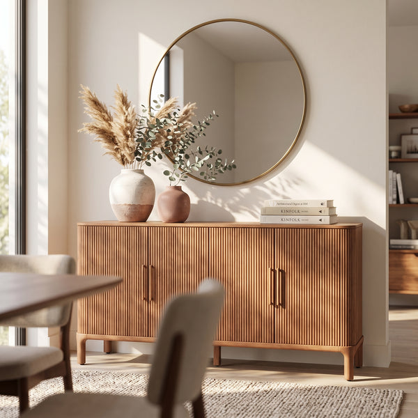 Mid-Century Modern Fluted Solid Red Oak Sideboard & Buffet Cabinet - 76"