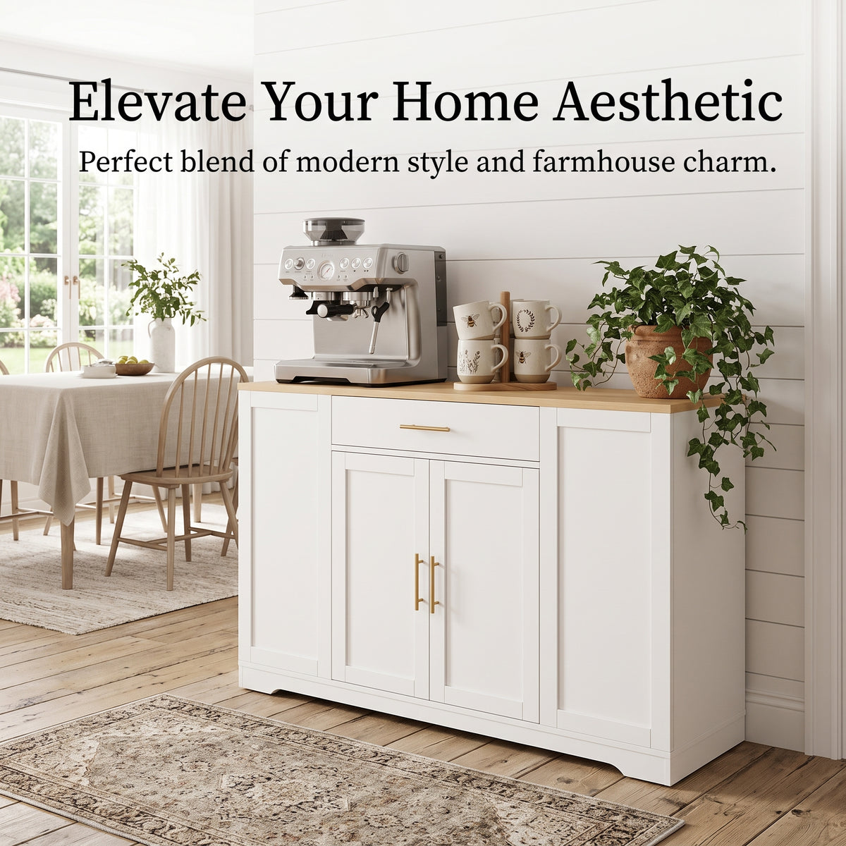 MMK FURNISHINGS Modern White Buffet Cabinet with Wood Top & Gold Hardware, Freestanding Storage Sideboard for Kitchen & Dining Room