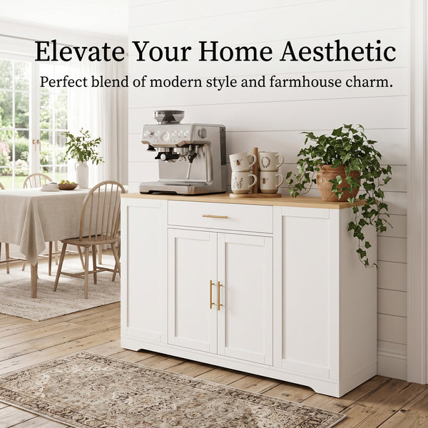 MMK FURNISHINGS Modern White Buffet Cabinet with Wood Top & Gold Hardware, Freestanding Storage Sideboard for Kitchen & Dining Room