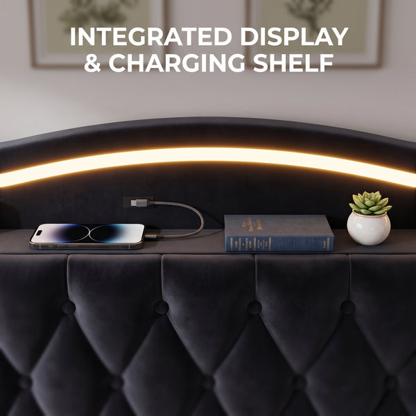 Luxurious Black Velvet Upholstered Bed Frame with LED Ambient Lighting, Headboard Shelf & Storage Drawers