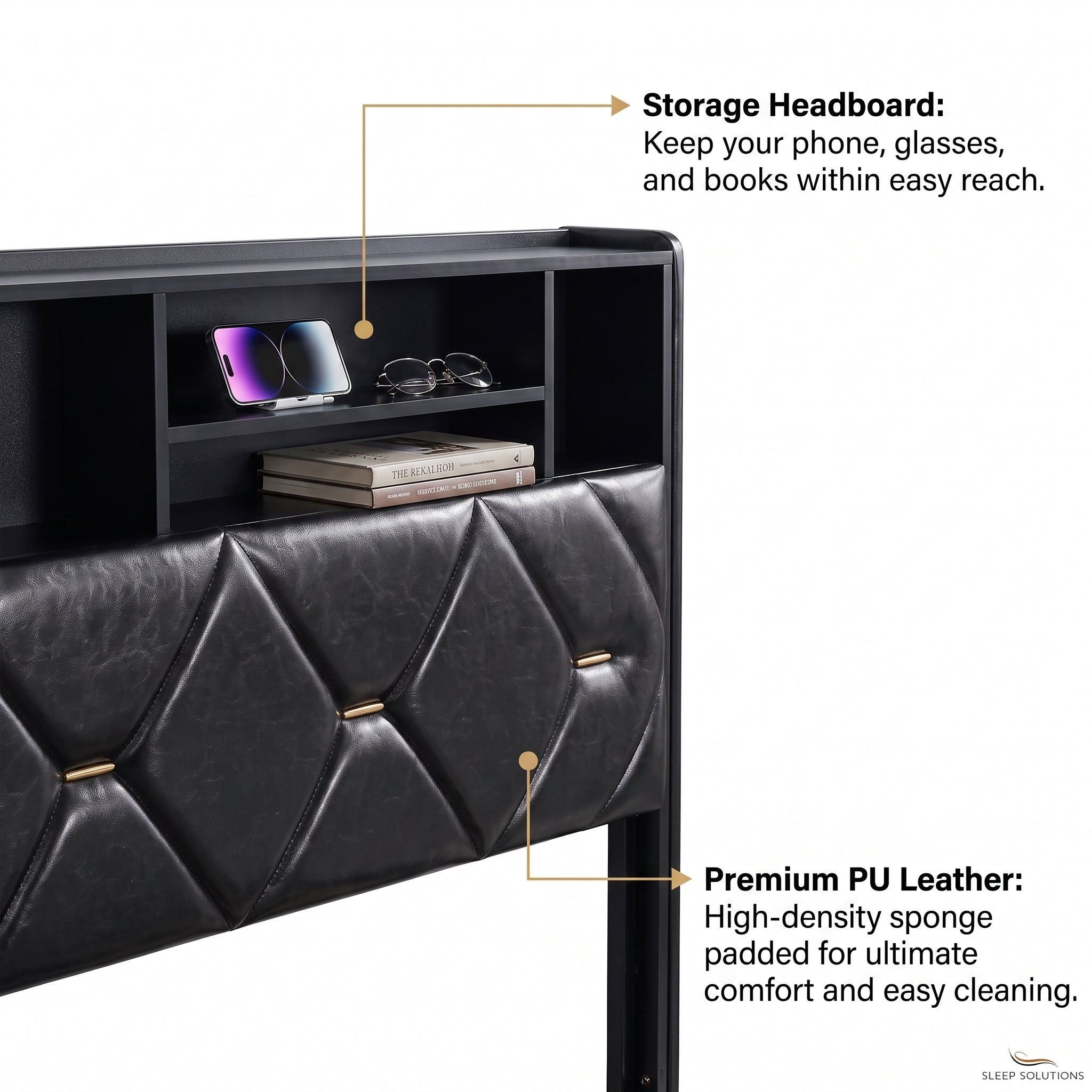MMK FURNISHINGS Modern Diamond-Tufted PU Leather Platform Bed Frame with Storage Headboard & Under-Bed Drawers