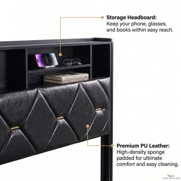 MMK FURNISHINGS Modern Diamond-Tufted PU Leather Platform Bed Frame with Storage Headboard & Under-Bed Drawers