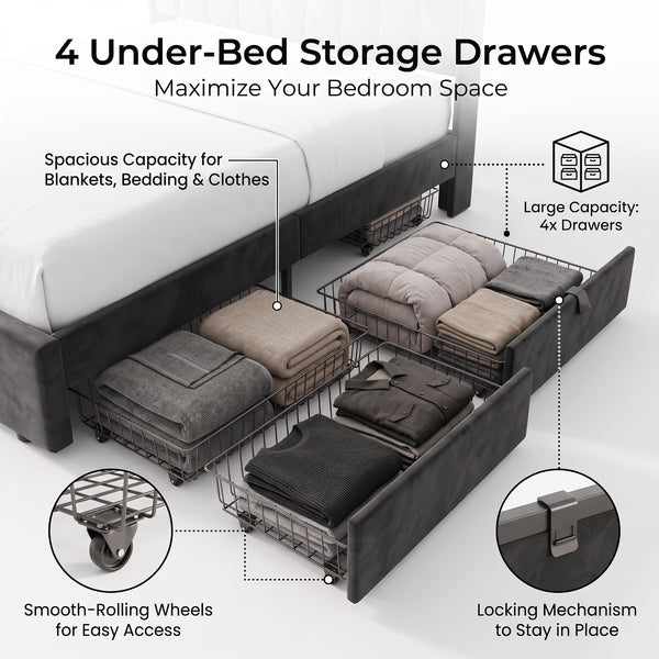 MMK FURNISHINGS Modern Upholstered Platform Bed Frame with 4 Storage Drawers, Geometric Tufted Velvet Headboard & Steel Slat Support, No Box Spring Needed