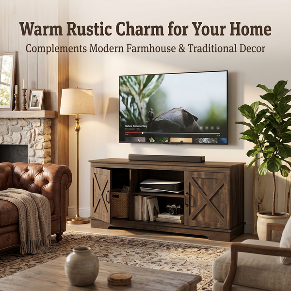 MMK FURNISHINGS Rustic Farmhouse Wood TV Stand with X-Pattern Cabinets & Open Shelves