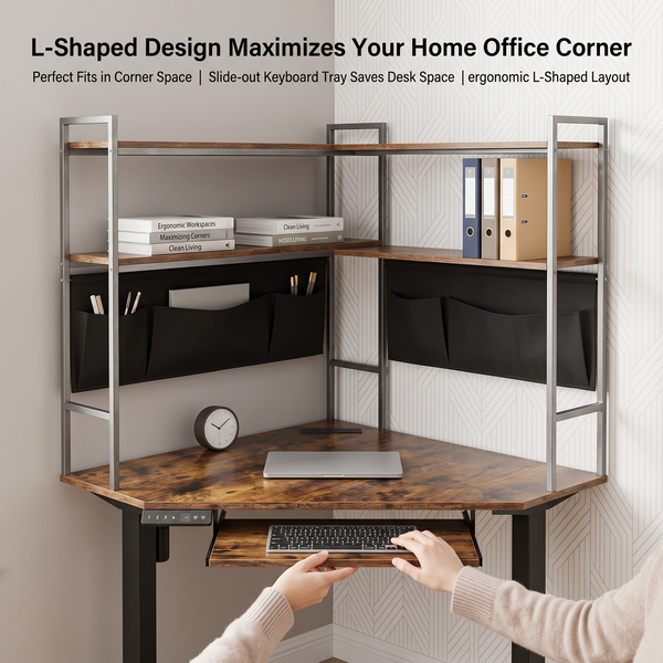 L-Shaped Electric Sit-Stand Corner Desk with Integrated Shelves & Fabric Storage Pockets