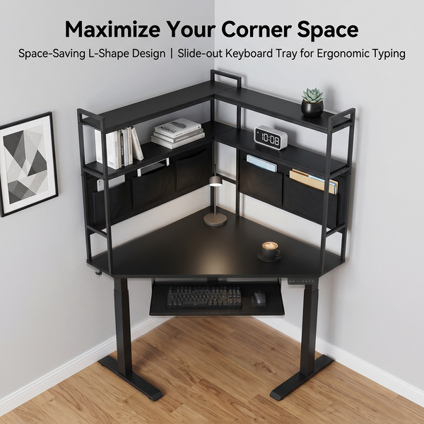 Sleek All-Black L-Shaped Electric Sit-Stand Corner Desk with Integrated Shelves & Storage
