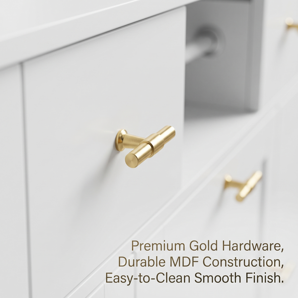 Premium Modern White Storage Cabinet & Kitchen Buffet Sideboard with Gold Hardware