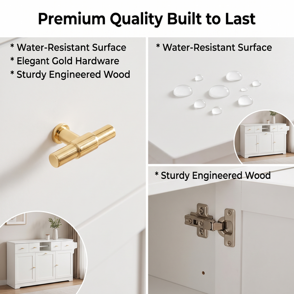 Premium Modern White Storage Cabinet & Kitchen Sideboard with Expandable Drop Leaf
