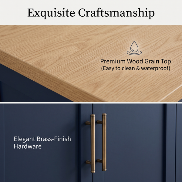Premium Compact Modern Navy Blue Storage Cabinet & Kitchen Buffet with Gold Hardware