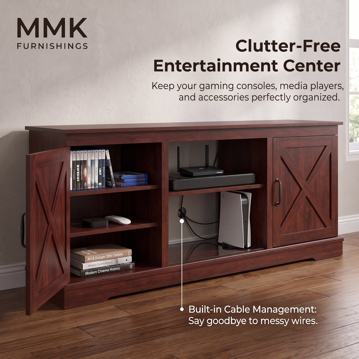 MMK FURNISHINGS Rustic Farmhouse TV Stand with Barn Door Cabinets