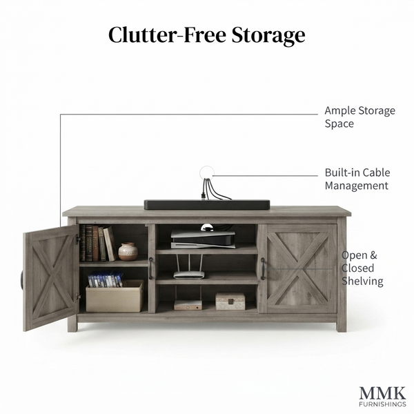 MMK FURNISHINGS Modern Farmhouse TV Stand with X-Frame Cabinet Doors, Weathered Grey Wood Entertainment Center