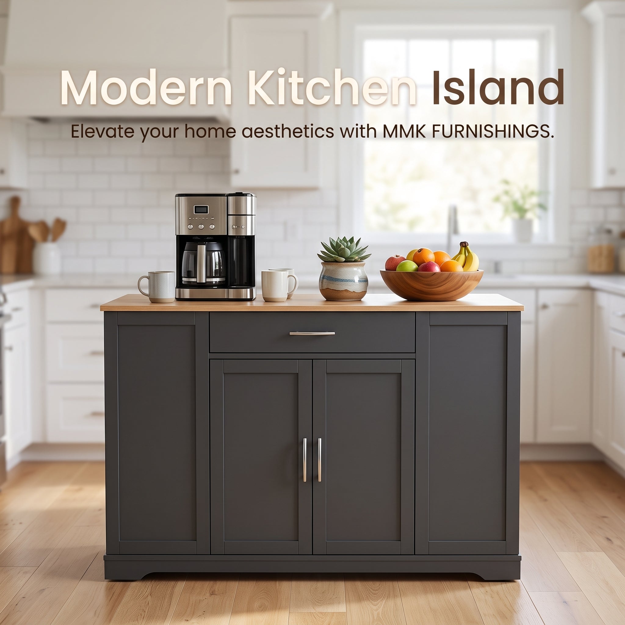 Modern Kitchen Storage Cabinet & Sideboard with Natural Wood Top - Dark Grey