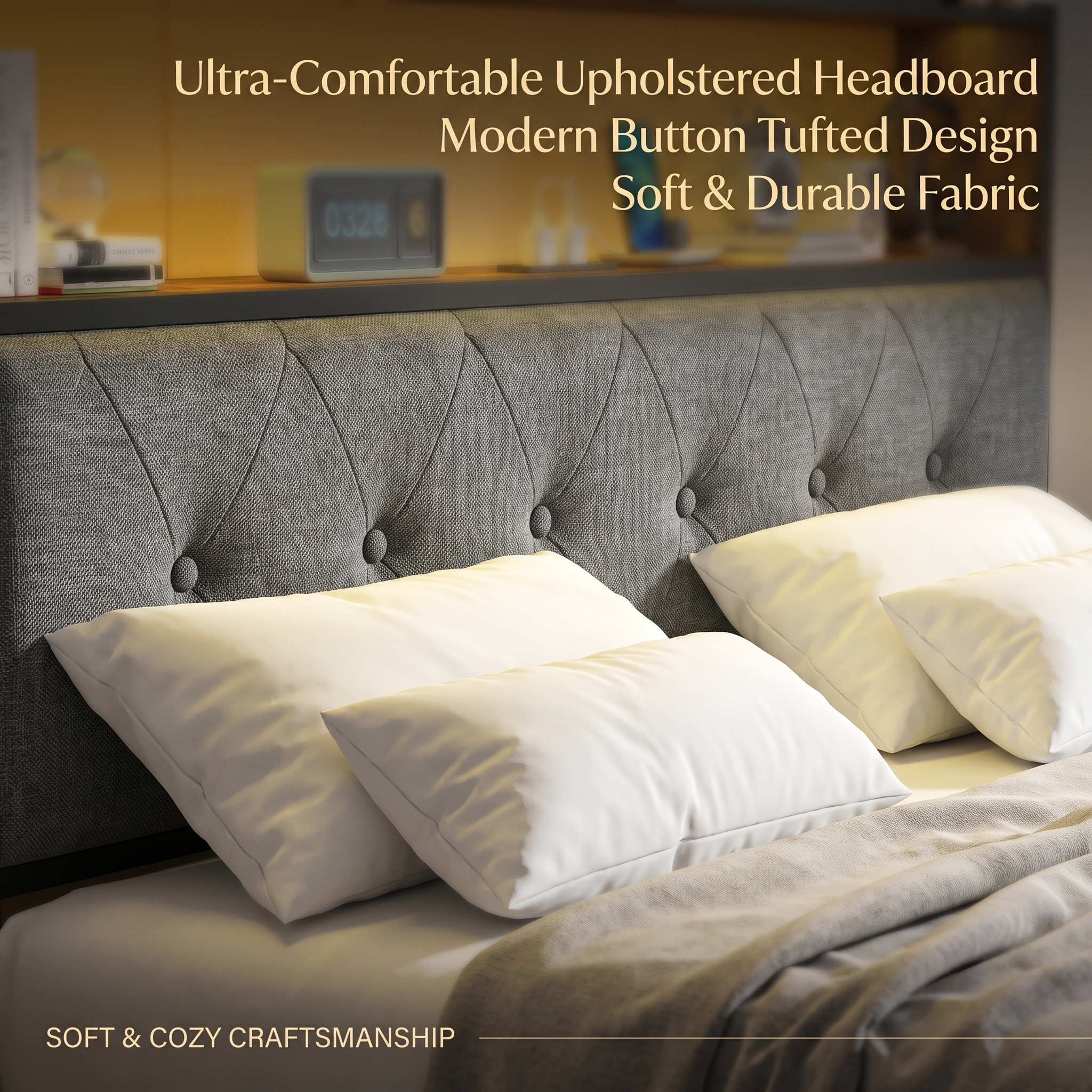 Modern Rustic Full Size Upholstered Bed Frame with LED Lights, Charging Station & 2 Storage Drawers