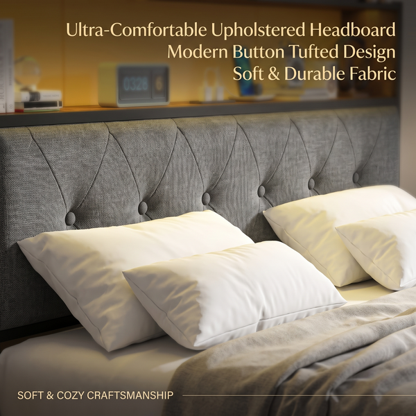 Modern Rustic Full Size Upholstered Bed Frame with LED Lights, Charging Station & 2 Storage Drawers