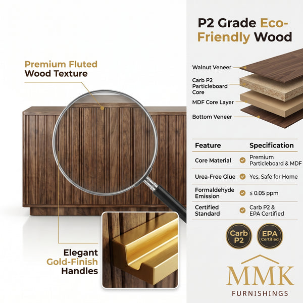 Premium Modern Fluted Walnut TV Stand & Media Console with Gold Hardware