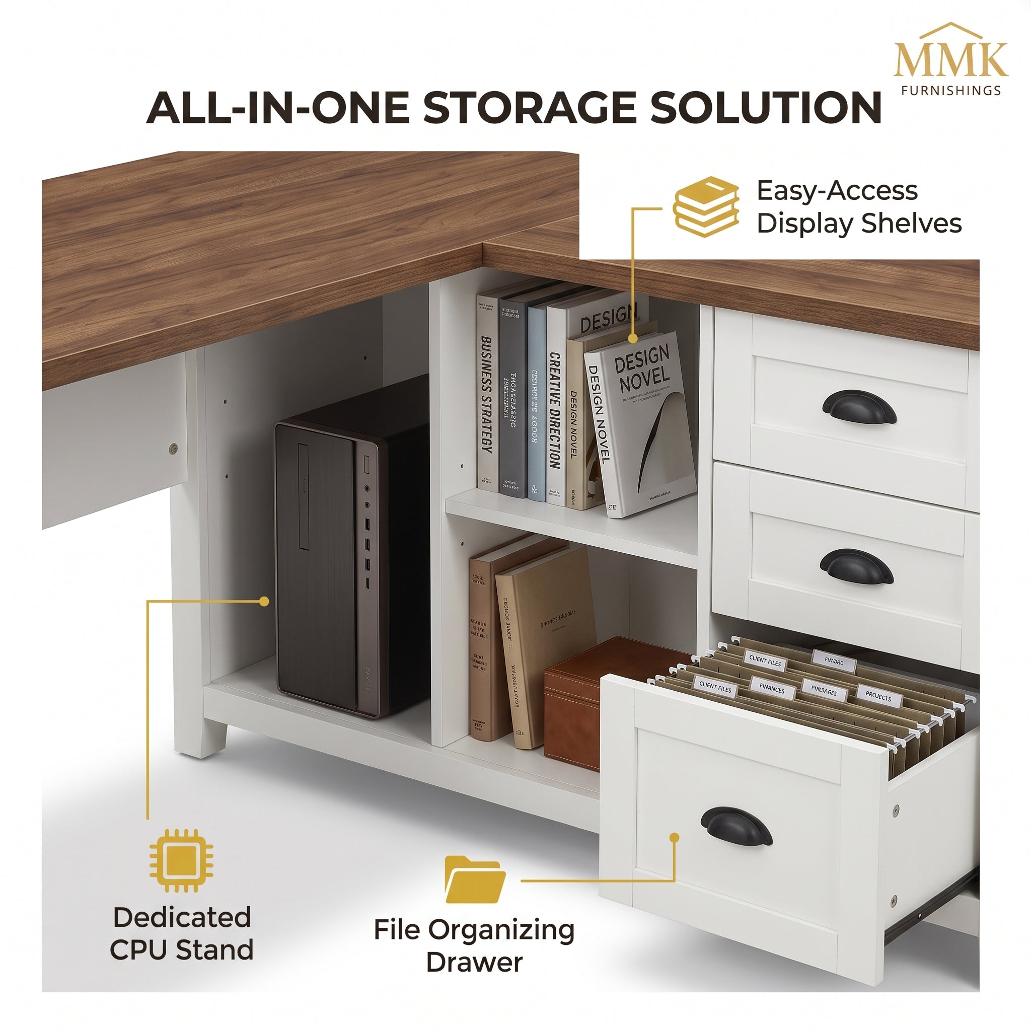 Premium 55" Two-Tone Farmhouse L-Shaped Home Office Desk with Lift Mechanism & Storage