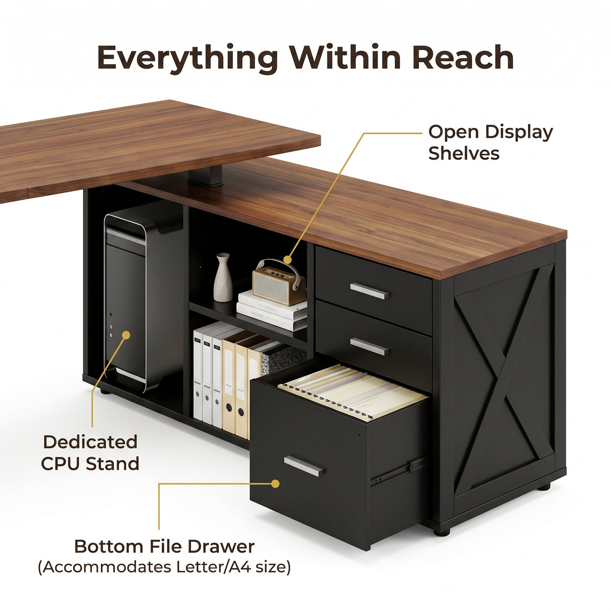 Premium 55" Two-Tone Farmhouse L-Shaped Standing Desk with Lift Mechanism & Storage