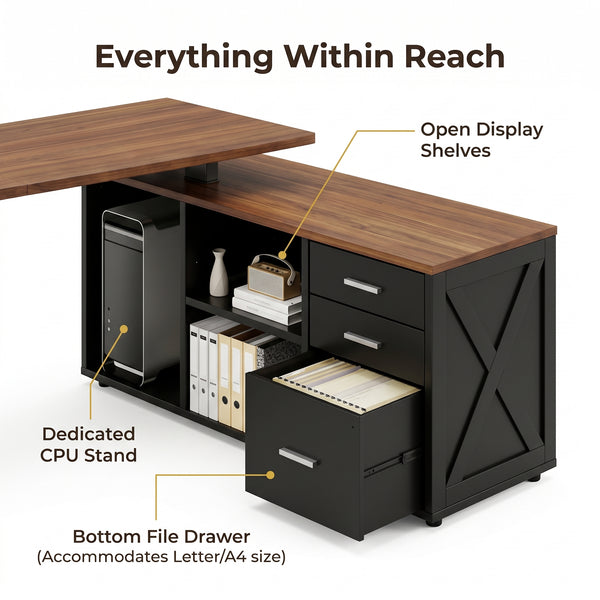 Premium 55" Two-Tone Farmhouse L-Shaped Standing Desk with Lift Mechanism & Storage