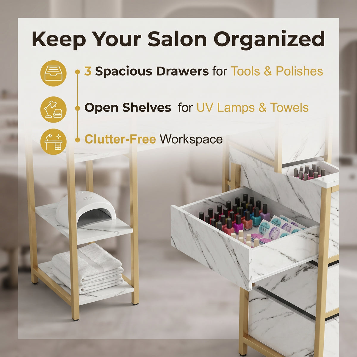Premium Luxury White Marble & Gold Manicure Table Desk